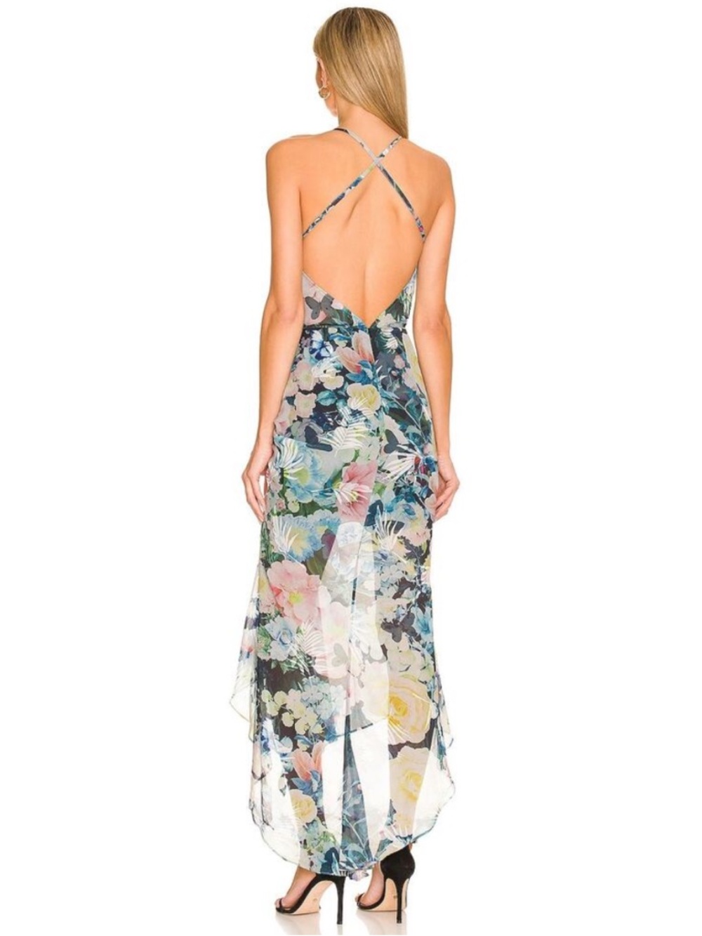 Sau Lee Freida Blue Moody Floral Asymmetrical Dress Mermaid Wedding Guest Size 6 - Picture 4 of 14